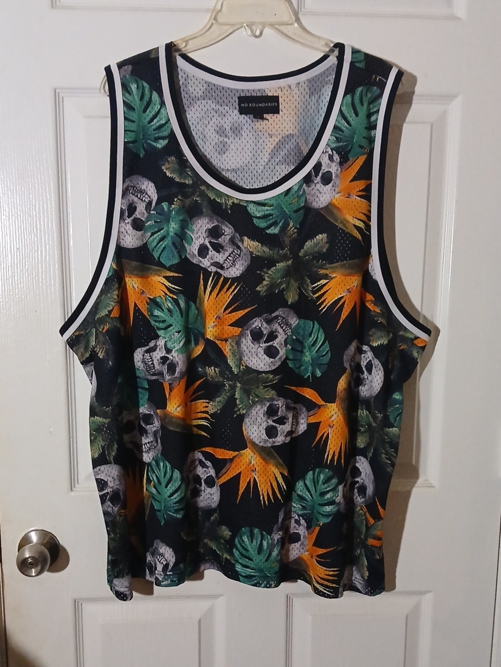 No Boundaries Black Tank Top with Green & Orange Tropical Skull Print